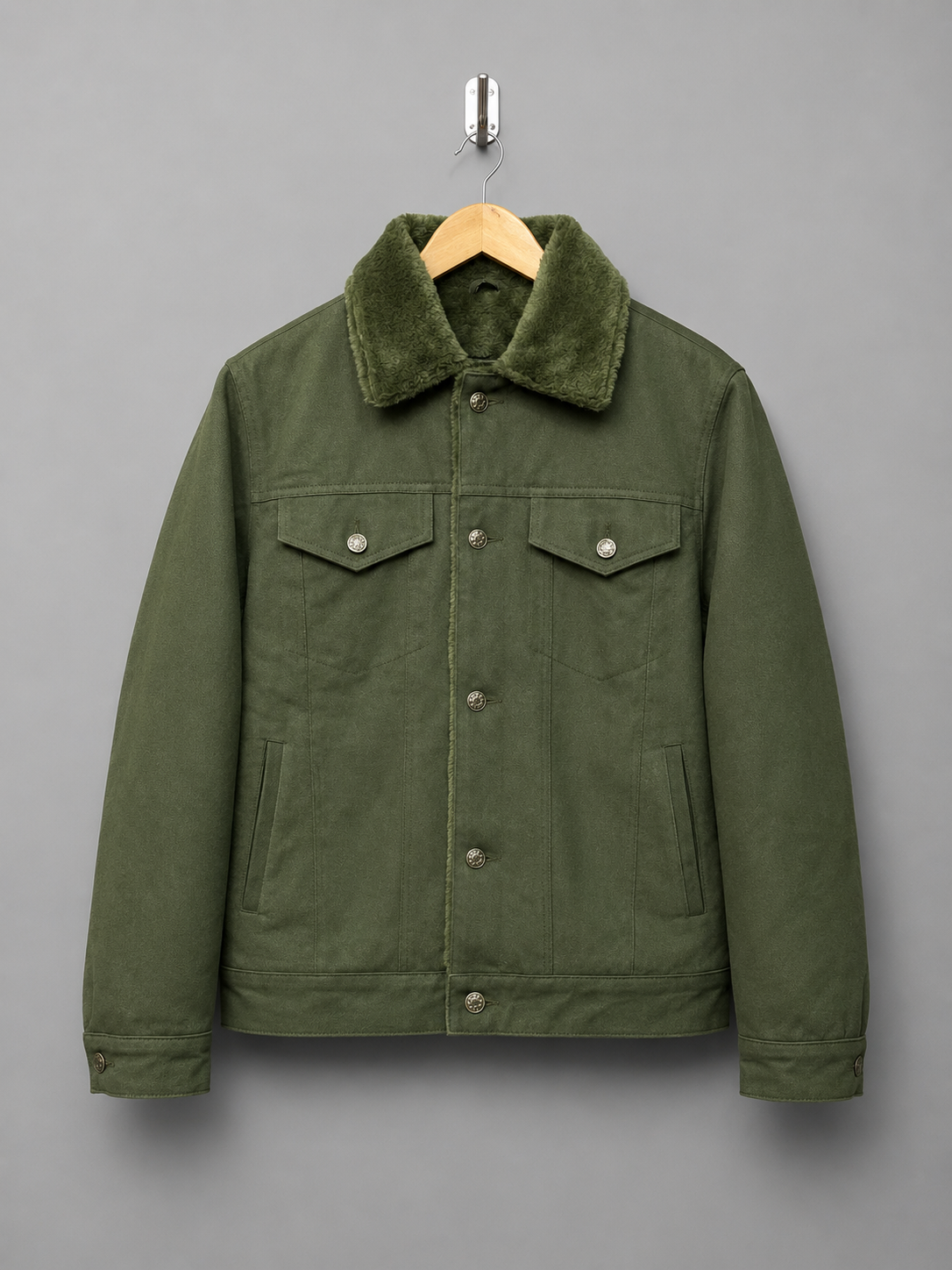 Olive Green Denim Shearling Jacket - Image 1